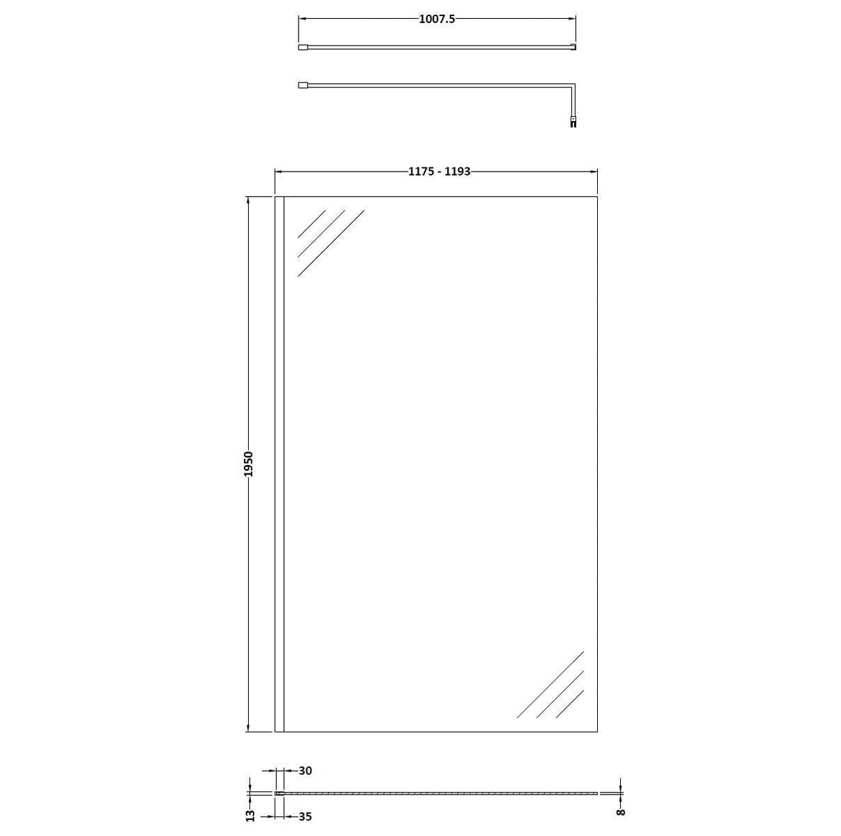 Cascade 8mm Glass Wetroom Panel With Support Bar