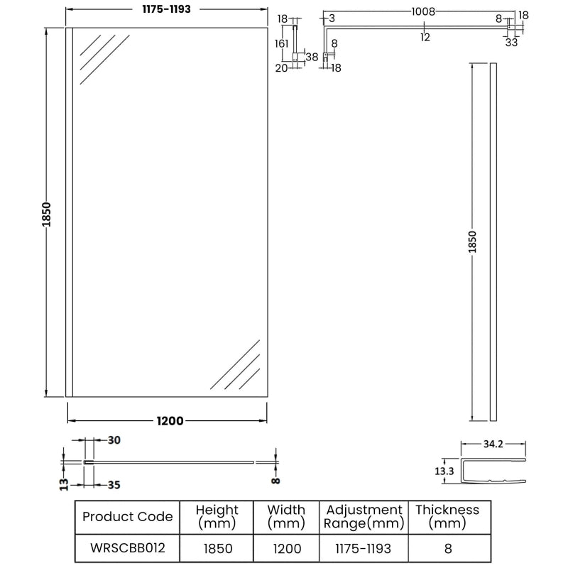 Safira 8mm Wetroom Panel With Support Bar