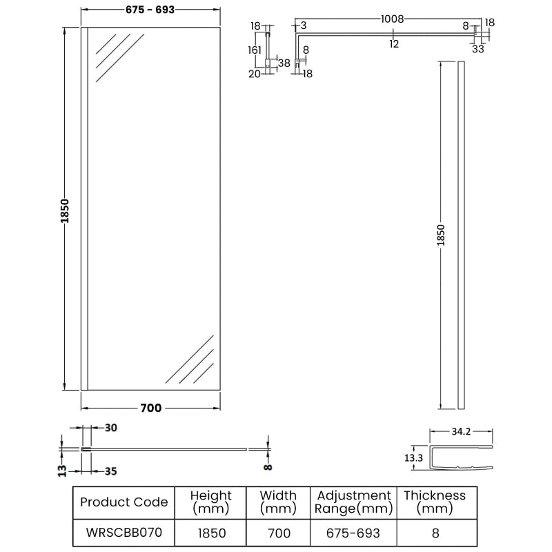 Safira 8mm Wetroom Panel With Support Bar
