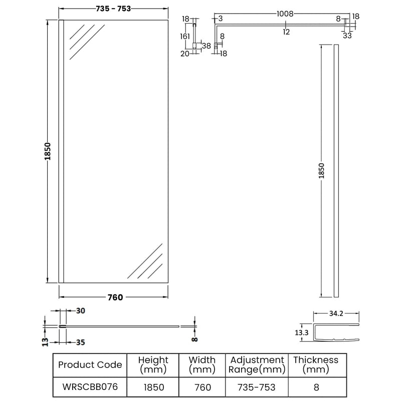Safira 8mm Wetroom Panel With Support Bar