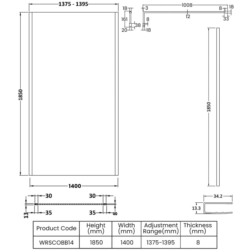Linear 8mm Outer Framed Glass Wetroom Panel With Support Bar