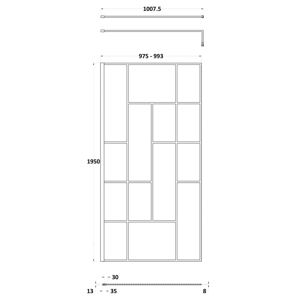 Aspect 8mm Glass Abstract Frame Wetroom Panel With Support Bar - Matt Black