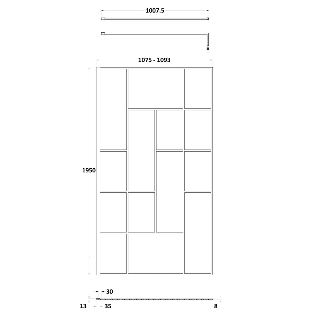 Aspect 8mm Glass Abstract Frame Wetroom Panel With Support Bar - Matt Black