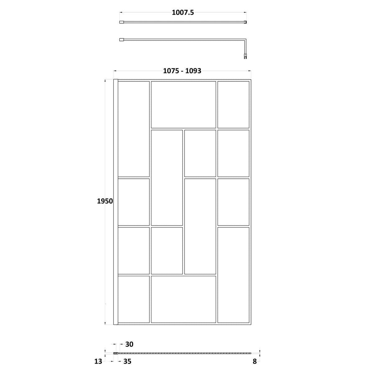 Aspect 8mm Glass Abstract Frame Wetroom Panel With Support Bar - Matt Black