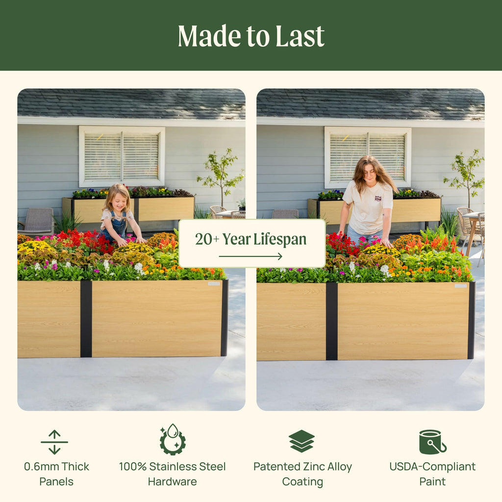 16" Tall Woodgrain 4' x 4' Metal Raised Garden Bed