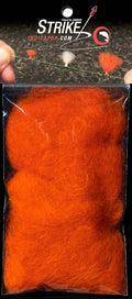 Bright orange fibers packaged for fly fishing, shown with examples of New Zealand Strike Indicator Wool used as small, medium, and large strike indicators on fishing line.