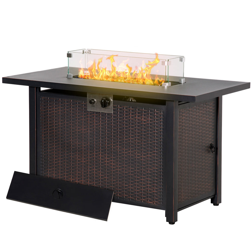 43" Propane Fire Pit Table, 50,000 BTU Pulse-Ignition Wicker Firepit, Bronze