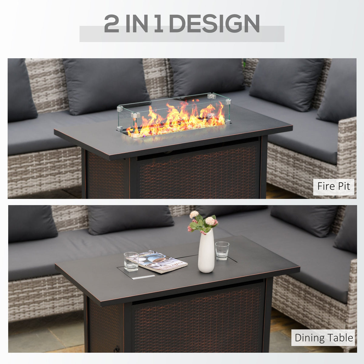 43" Propane Fire Pit Table, 50,000 BTU Pulse-Ignition Wicker Firepit, Bronze