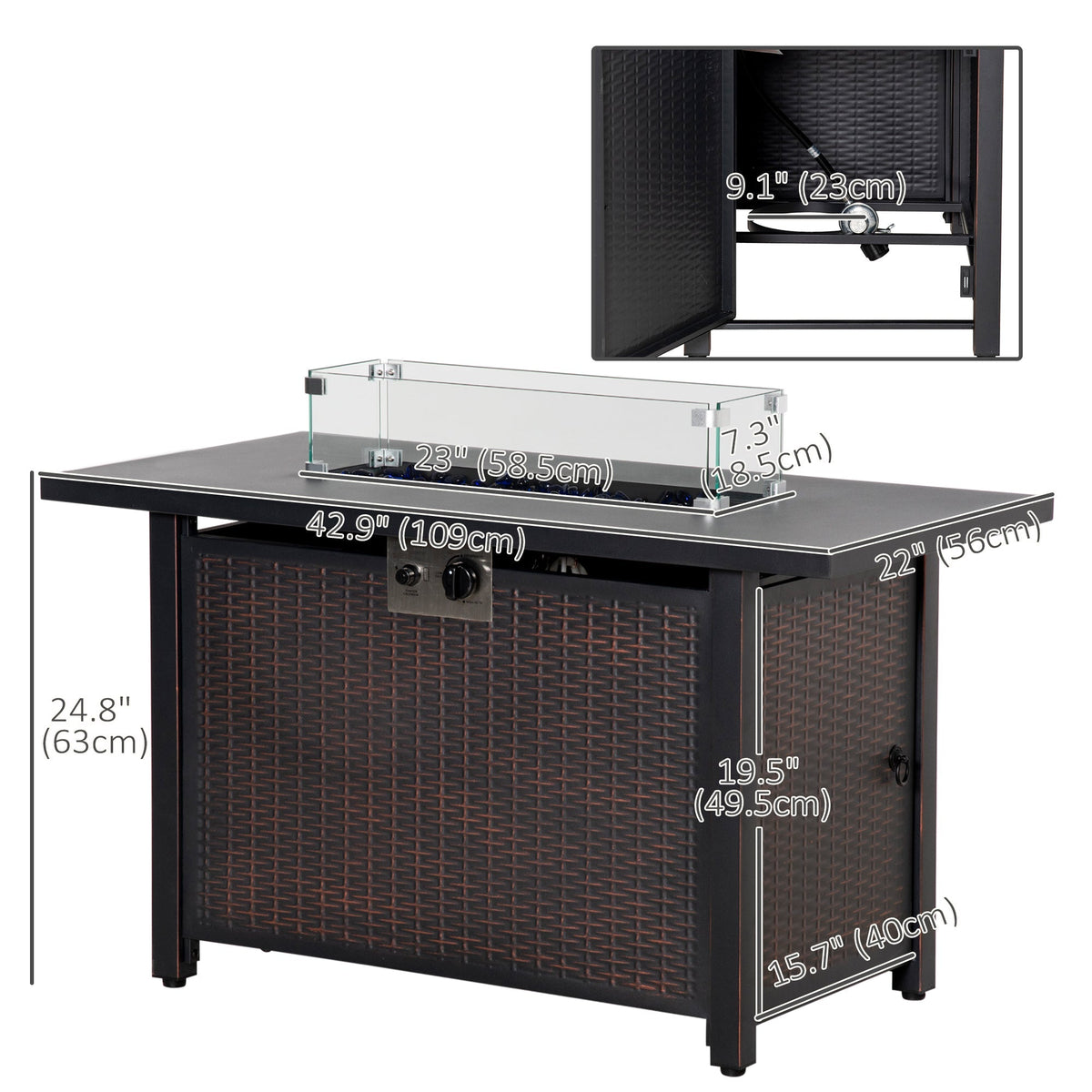 43" Propane Fire Pit Table, 50,000 BTU Pulse-Ignition Wicker Firepit, Bronze