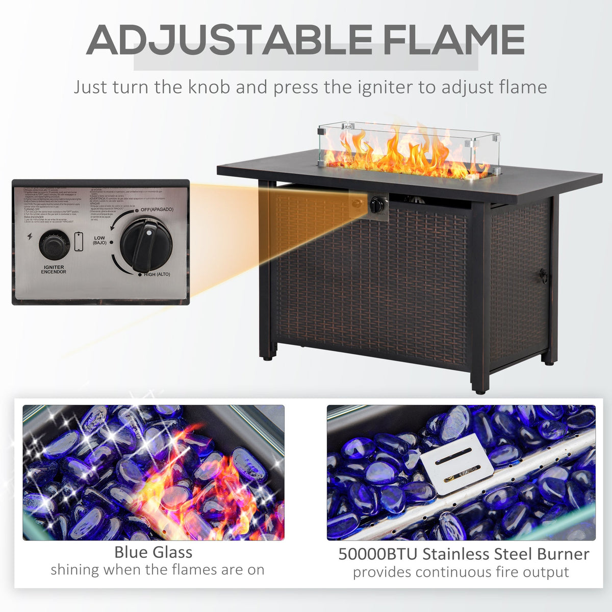43" Propane Fire Pit Table, 50,000 BTU Pulse-Ignition Wicker Firepit, Bronze