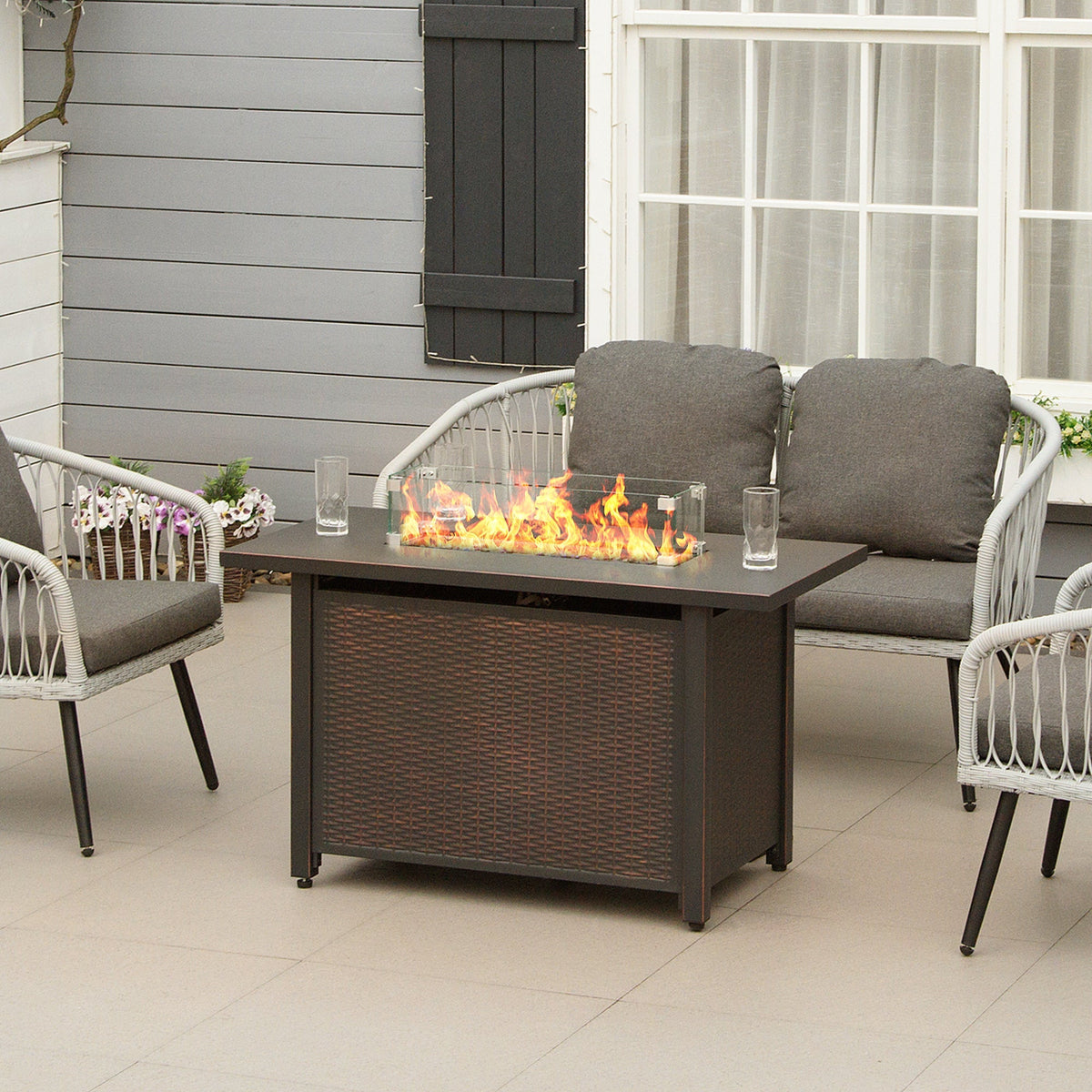 43" Propane Fire Pit Table, 50,000 BTU Pulse-Ignition Wicker Firepit, Bronze