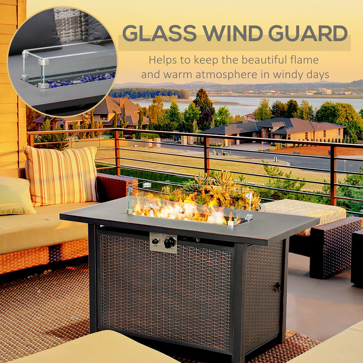 43" Propane Fire Pit Table, 50,000 BTU Pulse-Ignition Wicker Firepit, Bronze