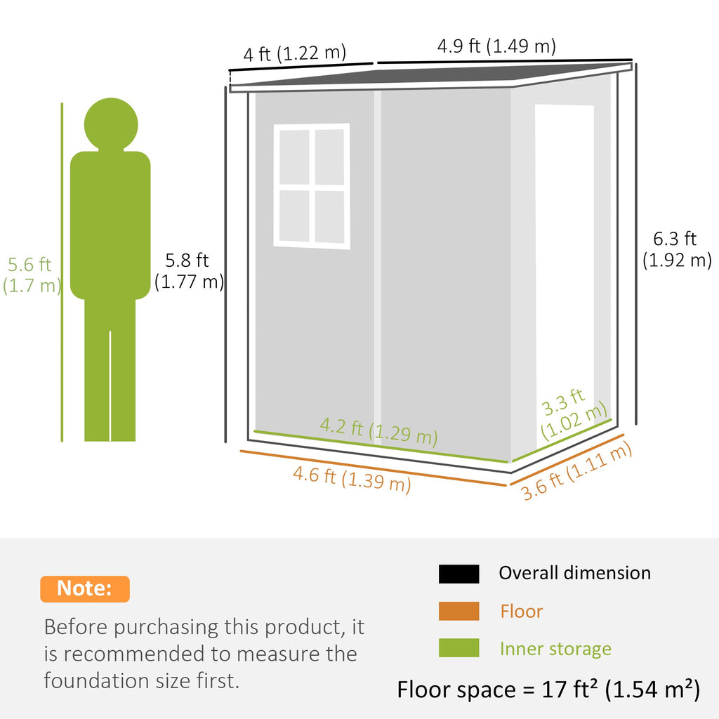4 x 5FT Plastic Lean-to Garden Shed with Floor, Window and Vent, Black
