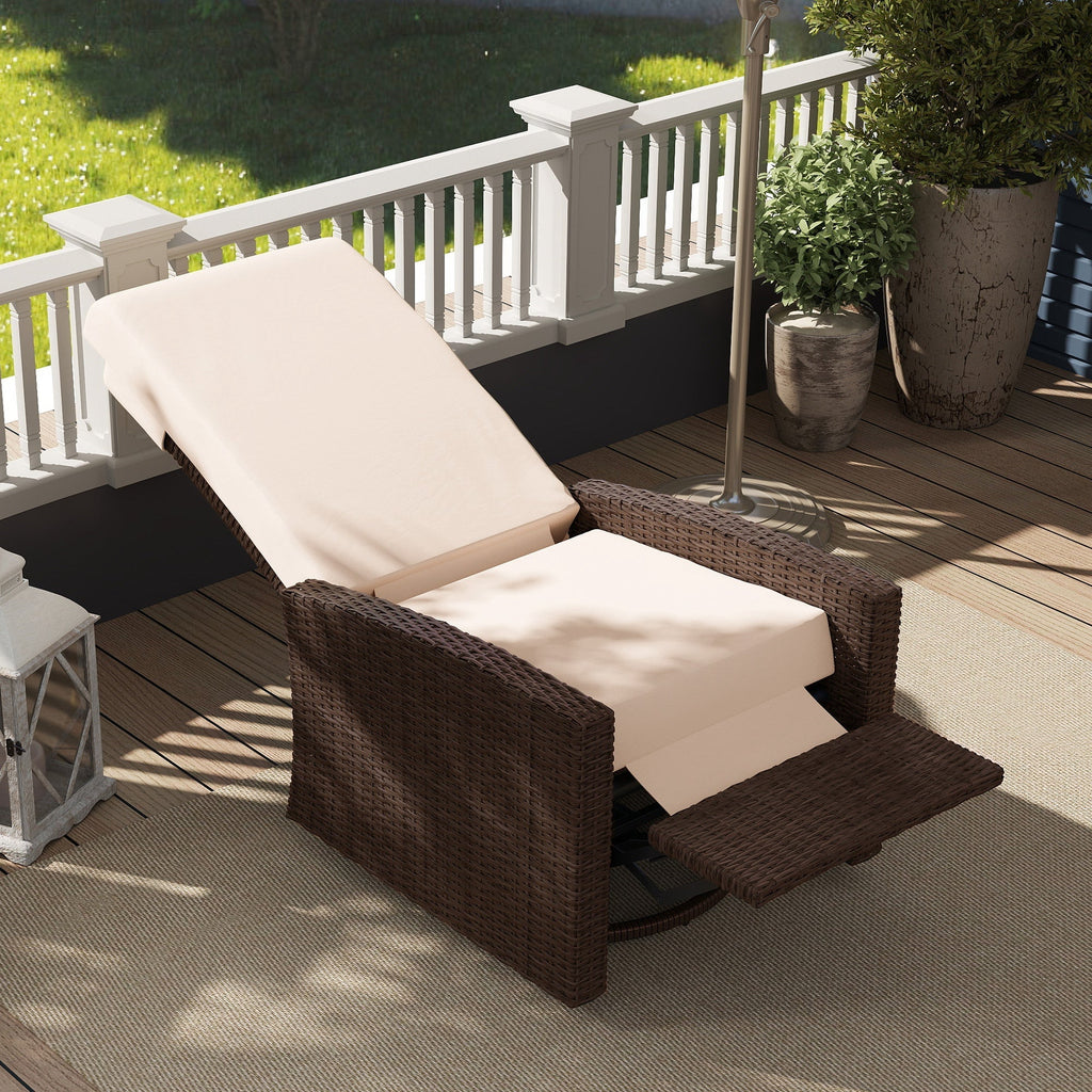 Wicker Swivel Reclining Garden Chair with Lifting Footrest, Water-Resistant Cushions, Cream White