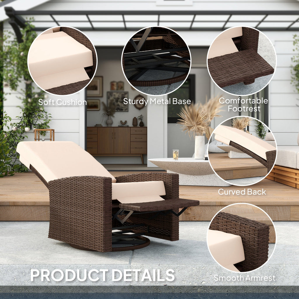 Wicker Swivel Reclining Garden Chair with Lifting Footrest, Water-Resistant Cushions, Cream White