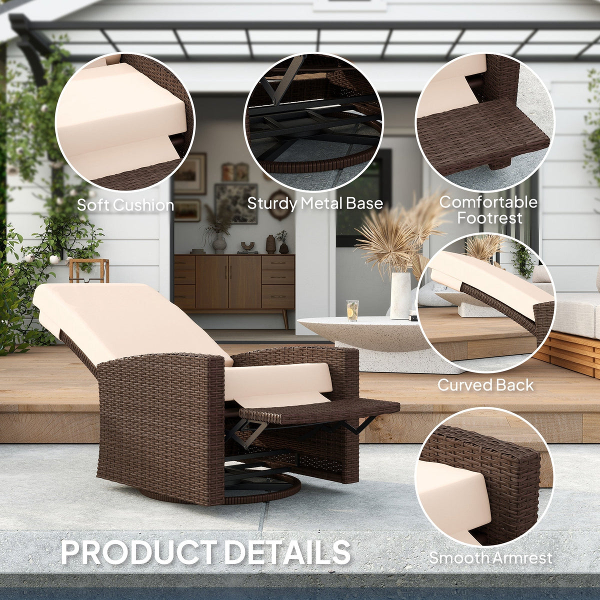 Wicker Swivel Reclining Garden Chair with Lifting Footrest, Water-Resistant Cushions, Cream White