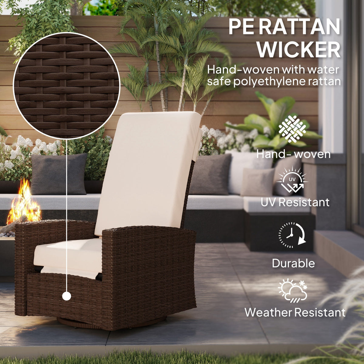 Wicker Swivel Reclining Garden Chair with Lifting Footrest, Water-Resistant Cushions, Cream White