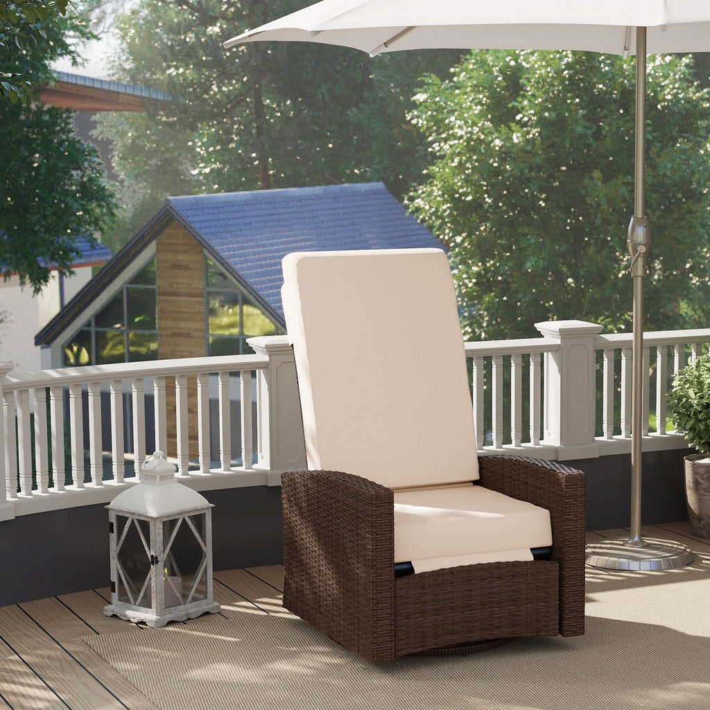 Wicker Swivel Reclining Garden Chair with Lifting Footrest, Water-Resistant Cushions, Cream White