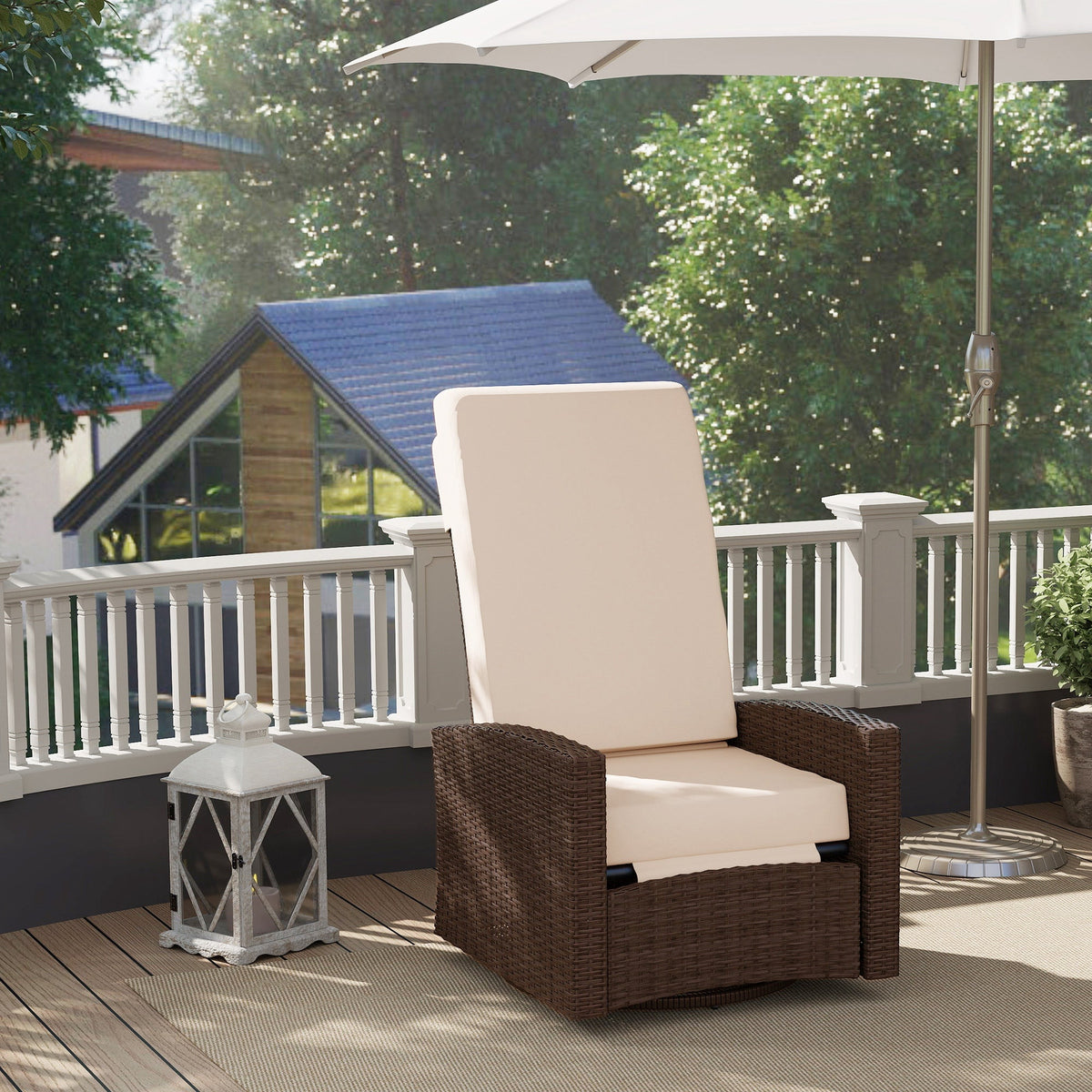 Wicker Swivel Reclining Garden Chair with Lifting Footrest, Water-Resistant Cushions, Cream White