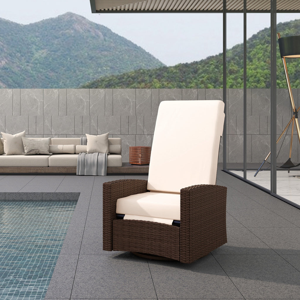 Wicker Swivel Reclining Garden Chair with Lifting Footrest, Water-Resistant Cushions, Cream White