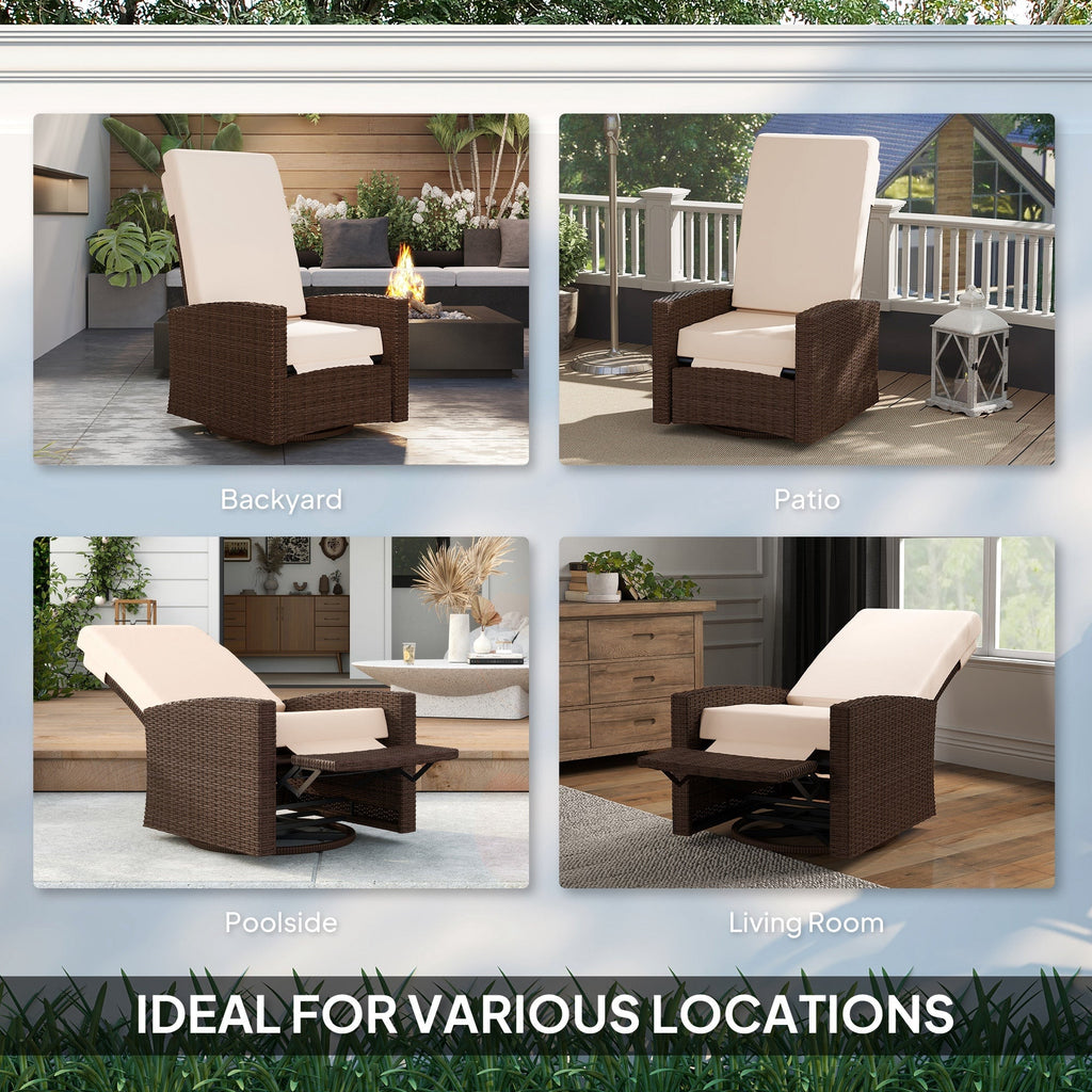 Wicker Swivel Reclining Garden Chair with Lifting Footrest, Water-Resistant Cushions, Cream White