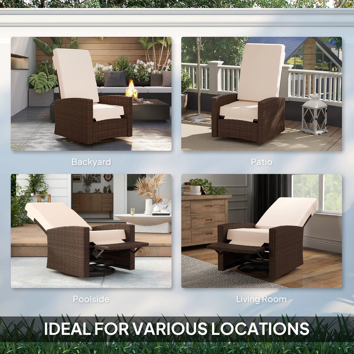 Wicker Swivel Reclining Garden Chair with Lifting Footrest, Water-Resistant Cushions, Cream White