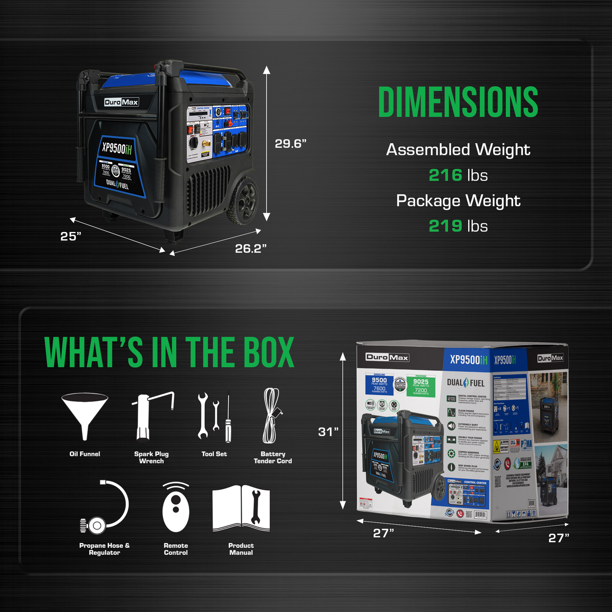 9,500 Watt Portable Dual Fuel Inverter Generator - Quiet, Low THD
