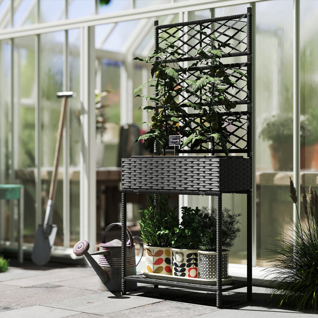 Rattan Garden Bed with Trellis & Storage Shelf for Climbing Plants, Flowers, Black