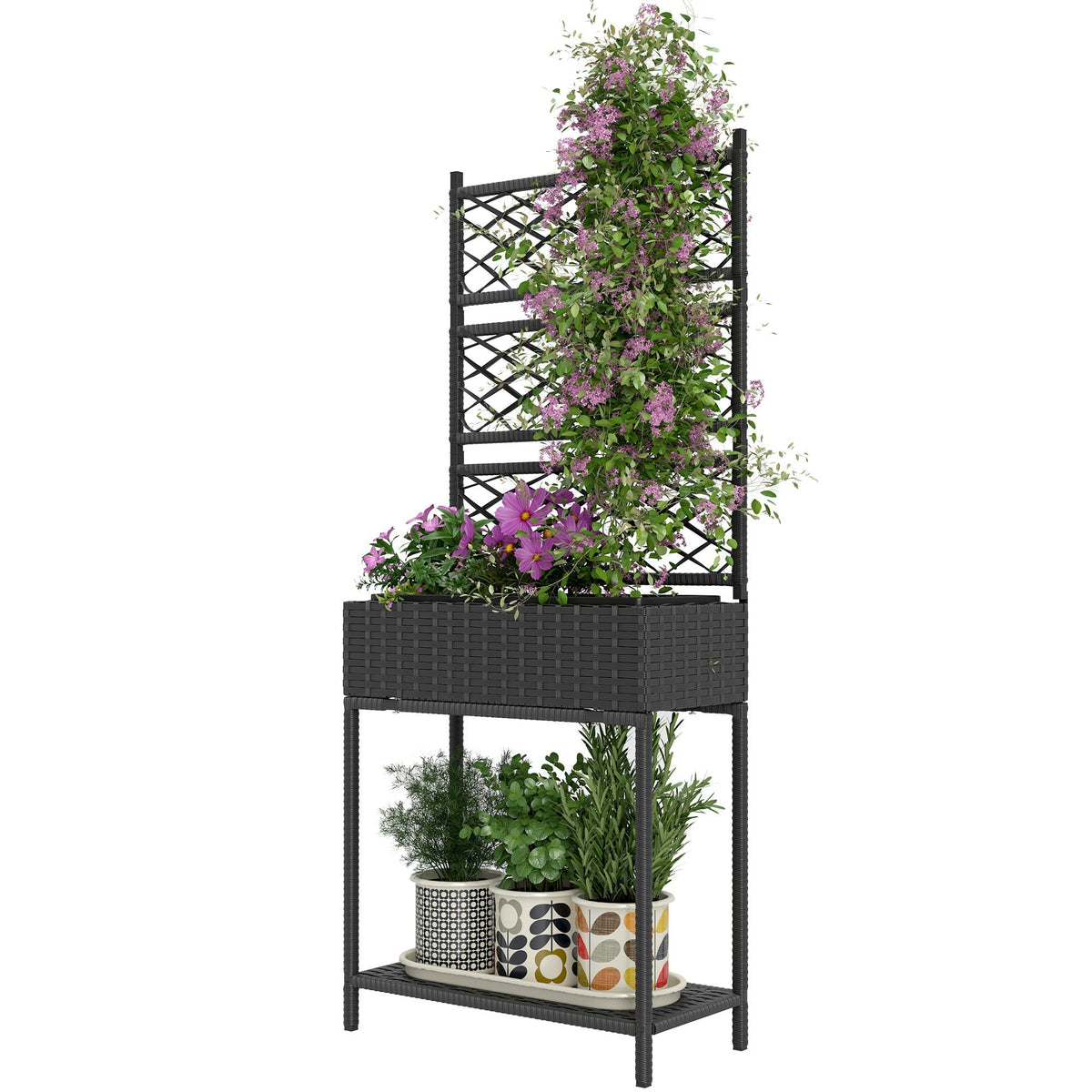 Rattan Garden Bed with Trellis & Storage Shelf for Climbing Plants, Flowers, Black