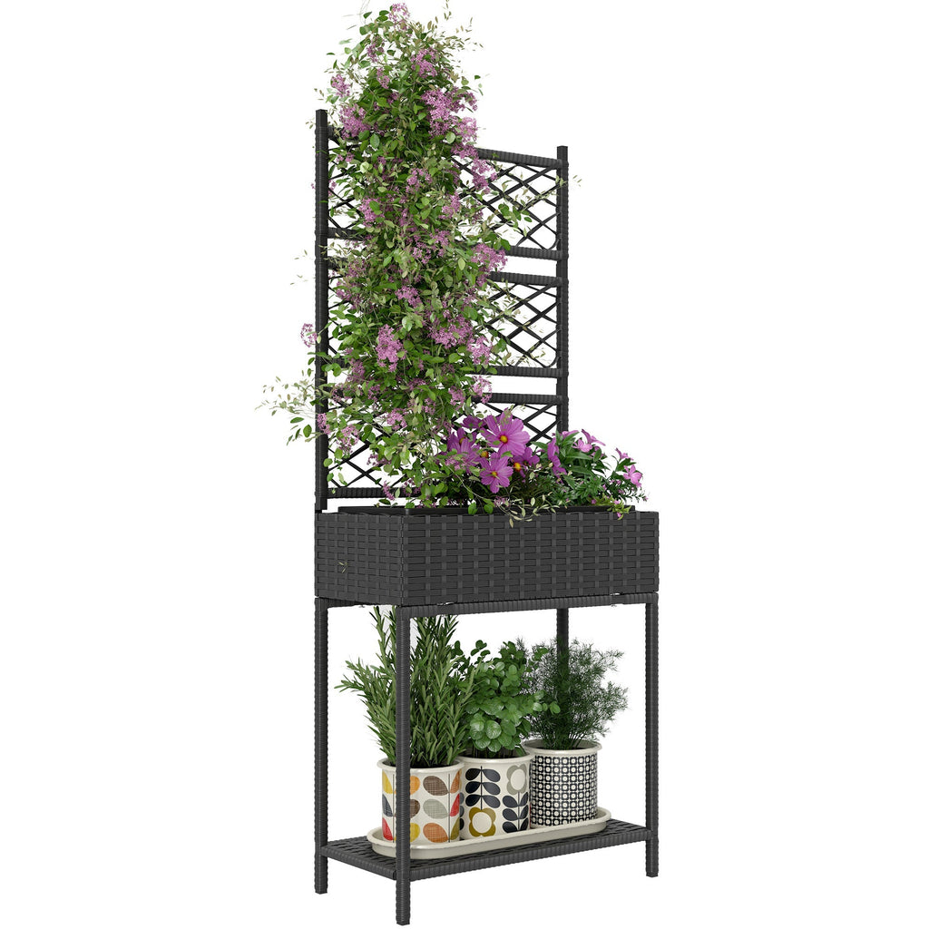 Rattan Garden Bed with Trellis & Storage Shelf for Climbing Plants, Flowers, Black