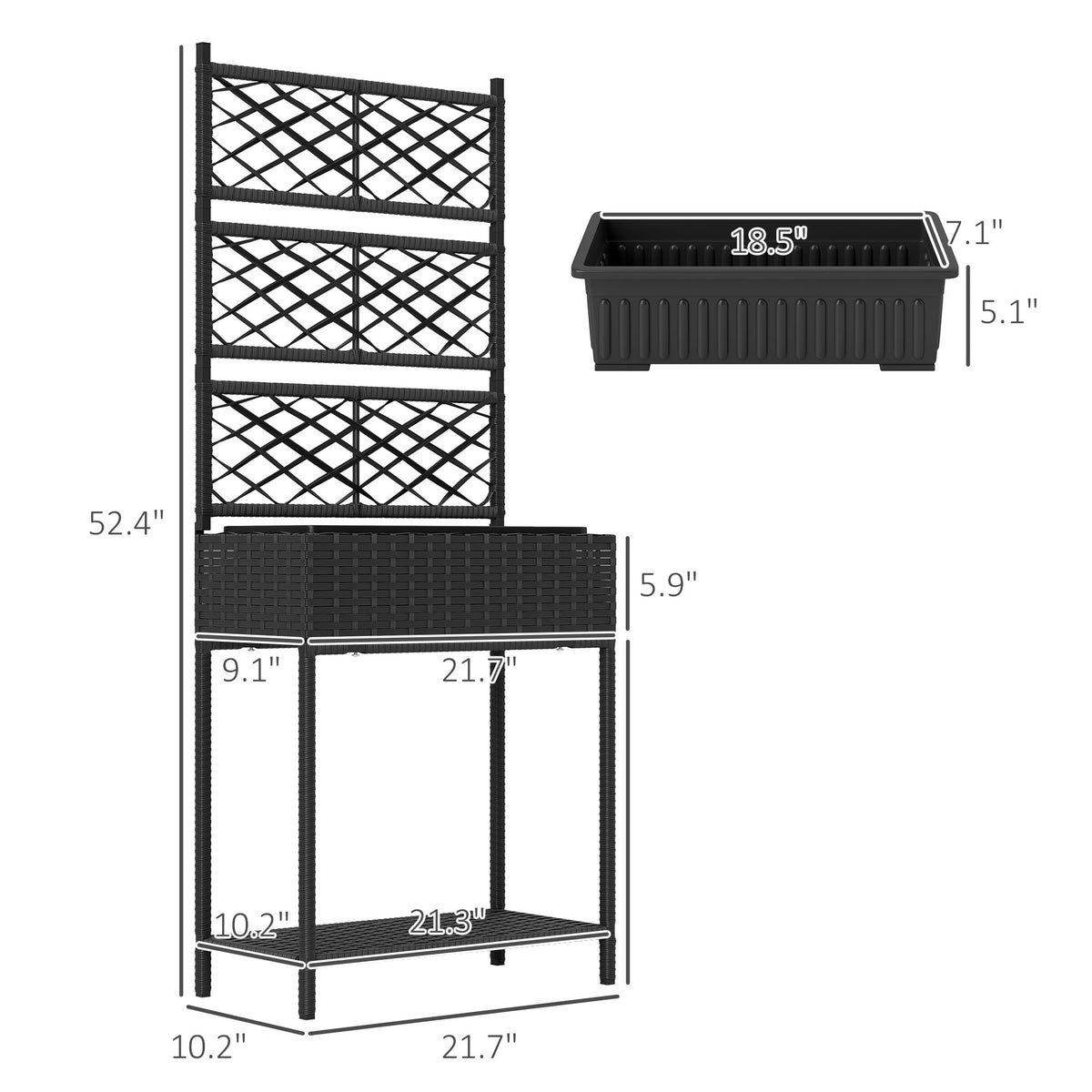 Rattan Garden Bed with Trellis & Storage Shelf for Climbing Plants, Flowers, Black