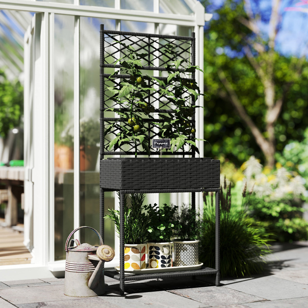 Rattan Garden Bed with Trellis & Storage Shelf for Climbing Plants, Flowers, Black