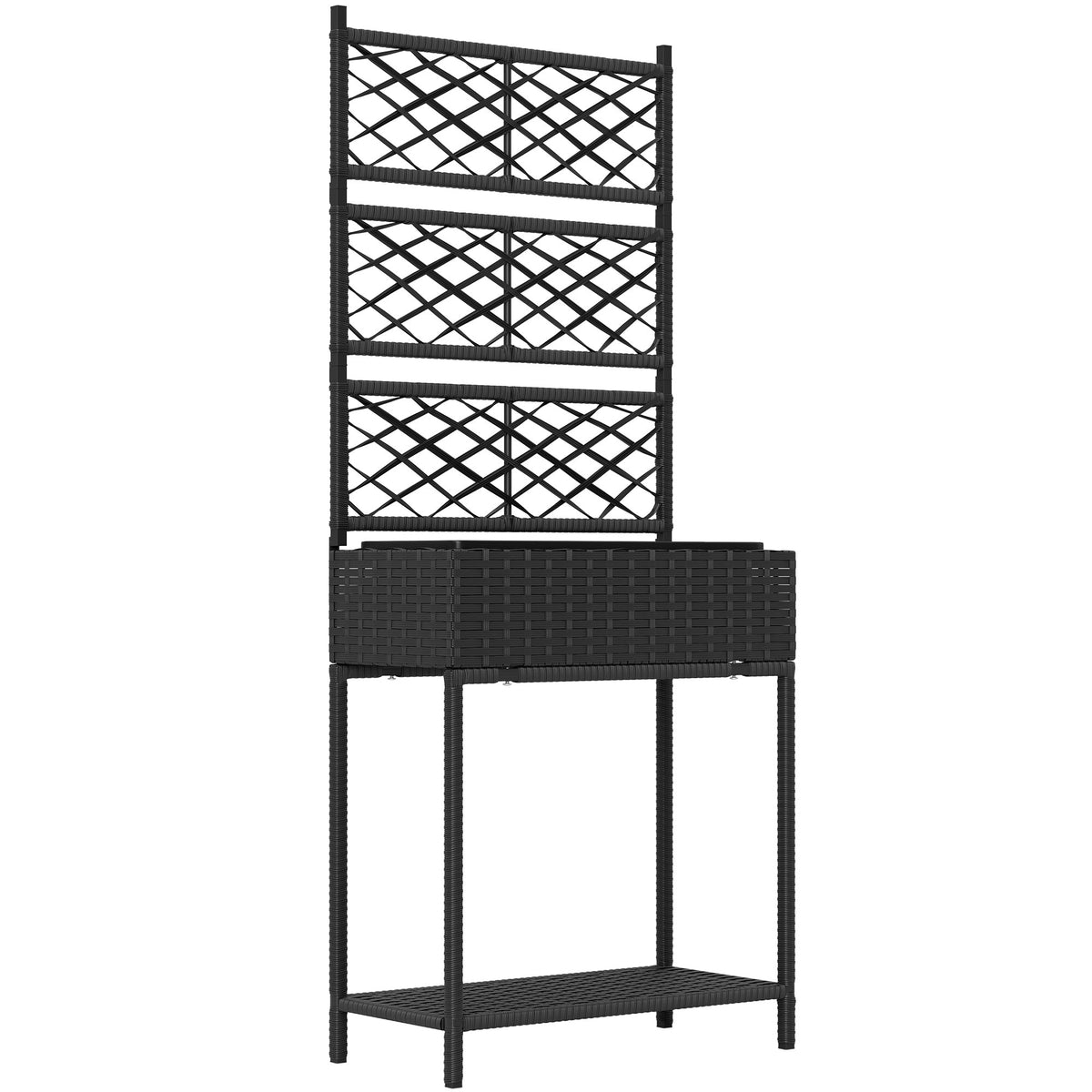 Rattan Garden Bed with Trellis & Storage Shelf for Climbing Plants, Flowers, Black