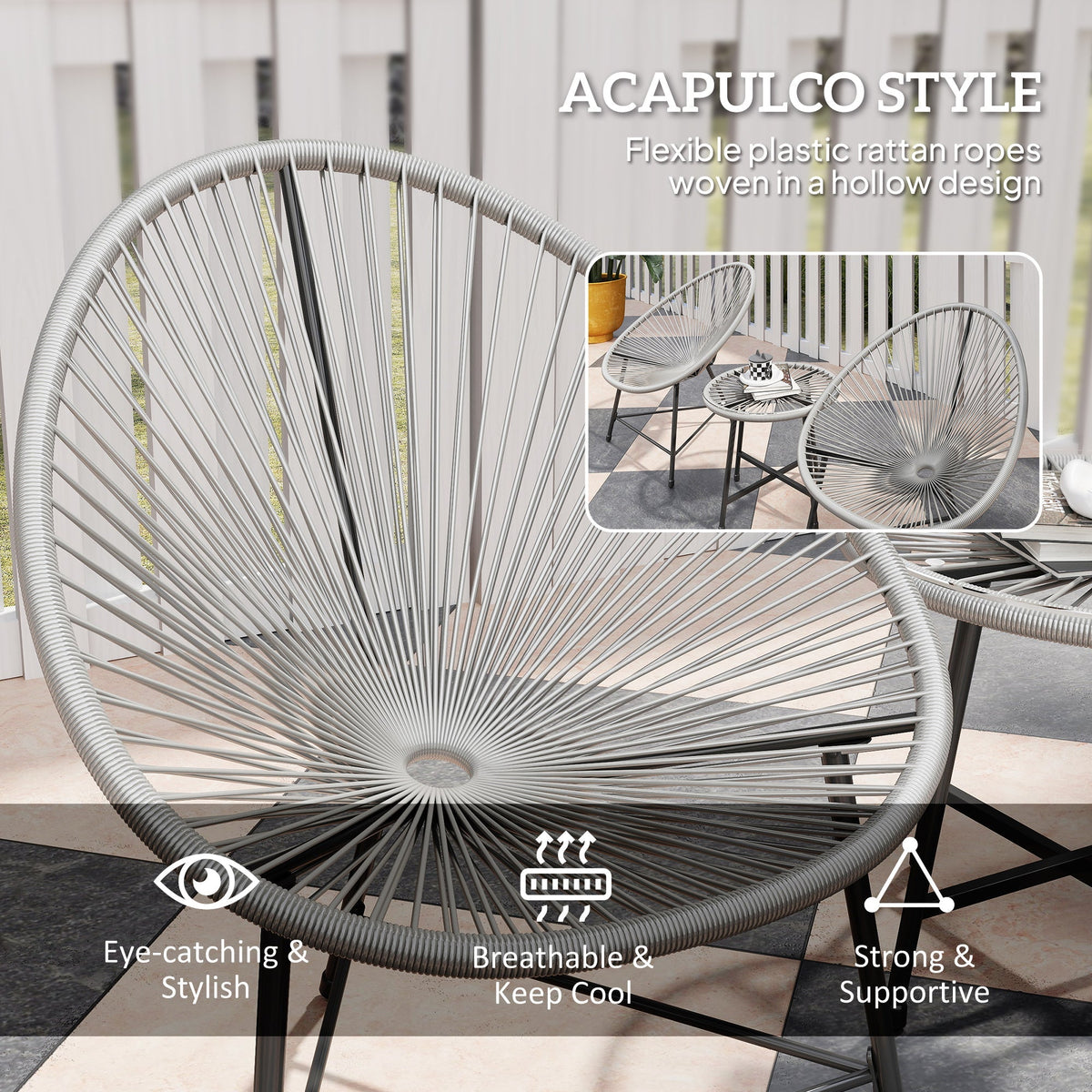 ARVOYA 3 Pieces Rattan Bistro Set with Acapulco Chairs, Glass Top Table & Metal Frame, Grey
