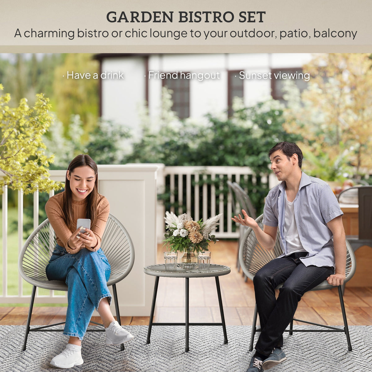 ARVOYA 3 Pieces Rattan Bistro Set with Acapulco Chairs, Glass Top Table & Metal Frame, Grey