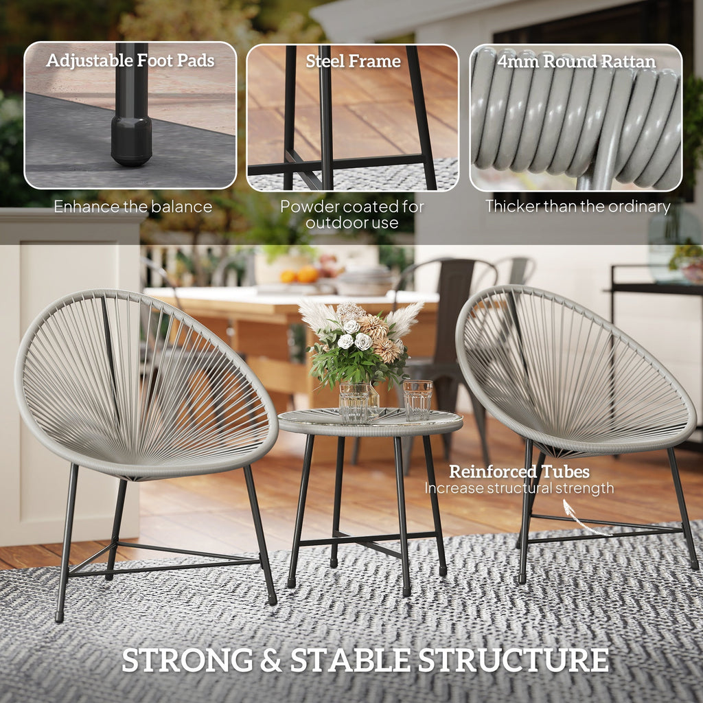 ARVOYA 3 Pieces Rattan Bistro Set with Acapulco Chairs, Glass Top Table & Metal Frame, Grey