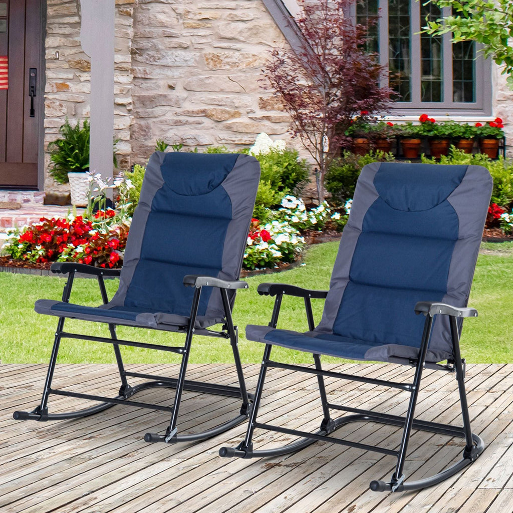 Patio Folding Rocking Chair Set of 2 Padded Rockers with Armrest & Headrest, Navy Blue