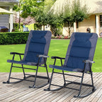Patio Folding Rocking Chair Set of 2 Padded Rockers with Armrest & Headrest, Navy Blue