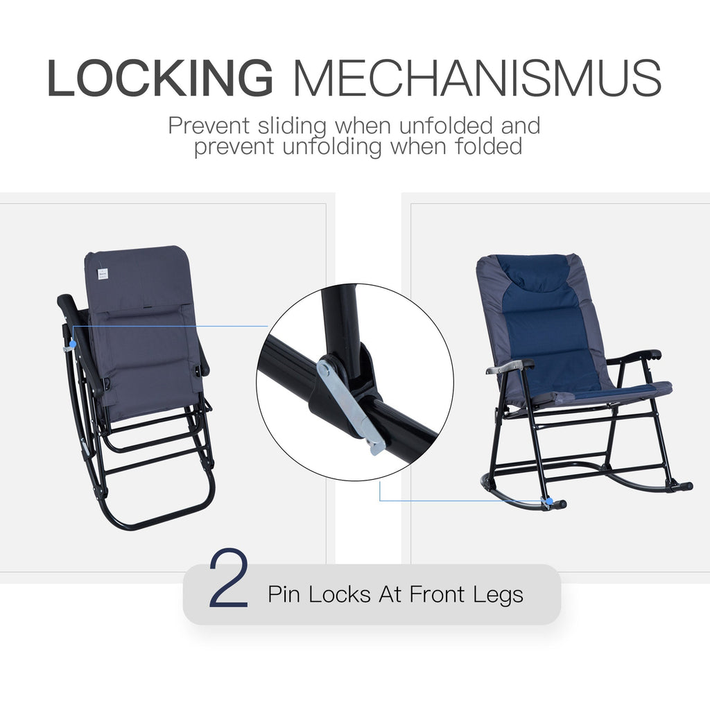 Patio Folding Rocking Chair Set of 2 Padded Rockers with Armrest & Headrest, Navy Blue