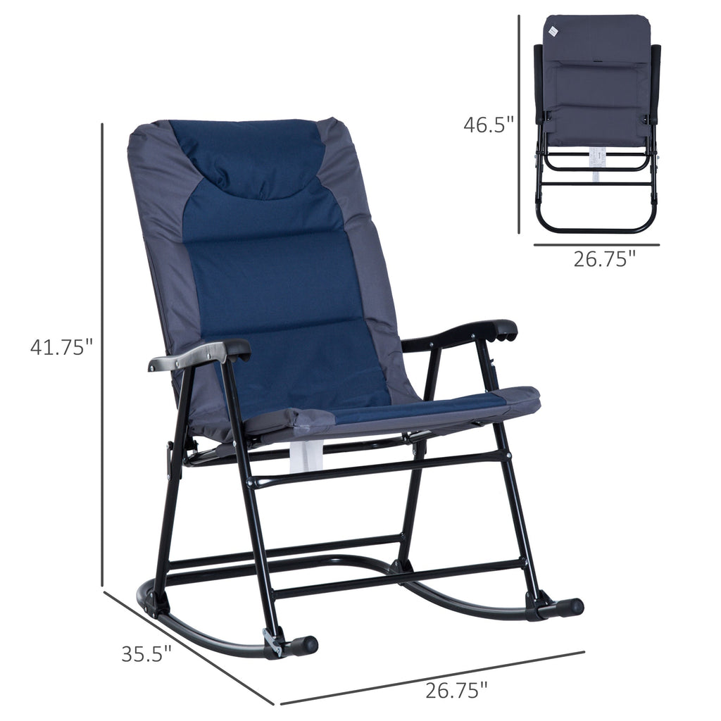 Patio Folding Rocking Chair Set of 2 Padded Rockers with Armrest & Headrest, Navy Blue