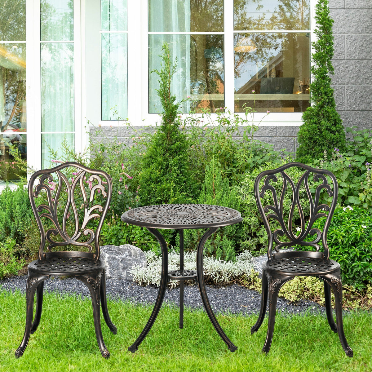3 Piece Modern Garden Bistro Set with Umbrella Hole & Aluminium Frame for Balcony, Patio, Bronze Tone