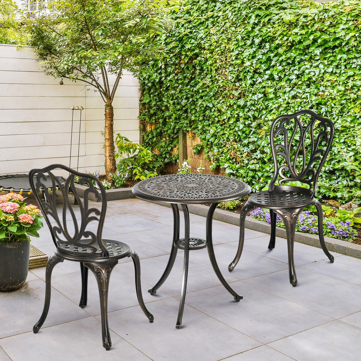 3 Piece Modern Garden Bistro Set with Umbrella Hole & Aluminium Frame for Balcony, Patio, Bronze Tone