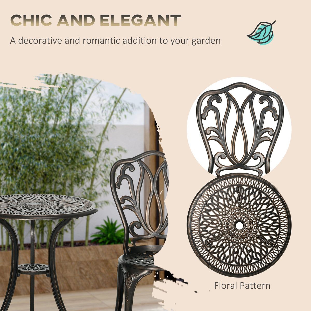 3 Piece Modern Garden Bistro Set with Umbrella Hole & Aluminium Frame for Balcony, Patio, Bronze Tone