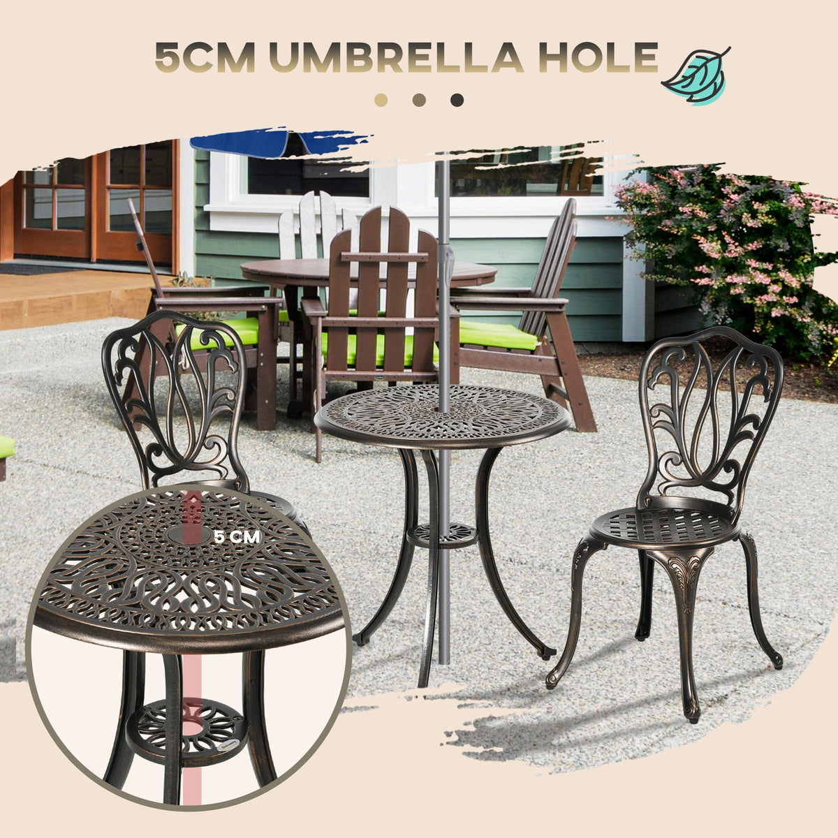 3 Piece Modern Garden Bistro Set with Umbrella Hole & Aluminium Frame for Balcony, Patio, Bronze Tone