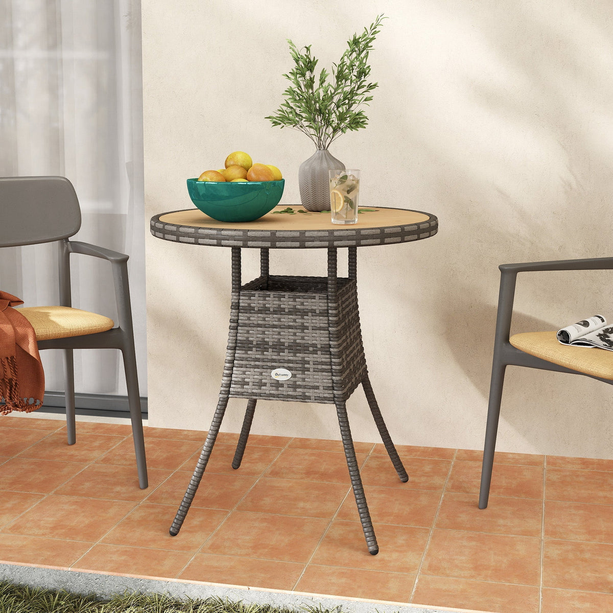Outsunny 70 cm Wood-Effect Rattan Garden Table - Natural Wood Finish