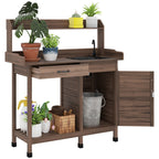 Garden Potting Table with Storage Cabinet, Removable Sink, Faucet and Drawer, Dark Brown