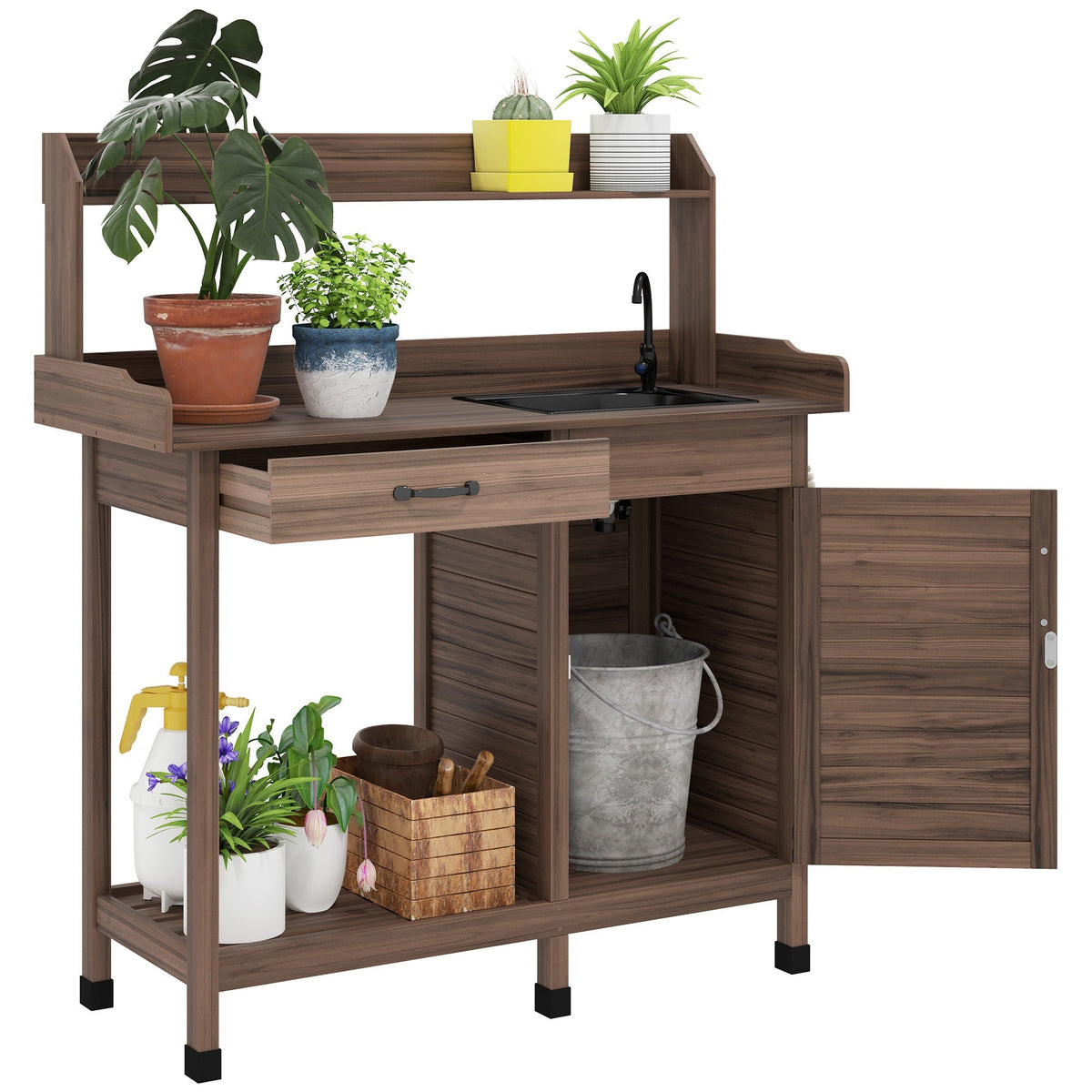 Garden Potting Table with Storage Cabinet, Removable Sink, Faucet and Drawer, Dark Brown