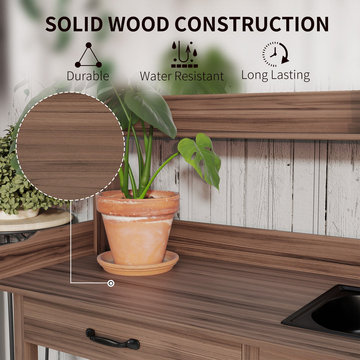 Garden Potting Table with Storage Cabinet, Removable Sink, Faucet and Drawer, Dark Brown