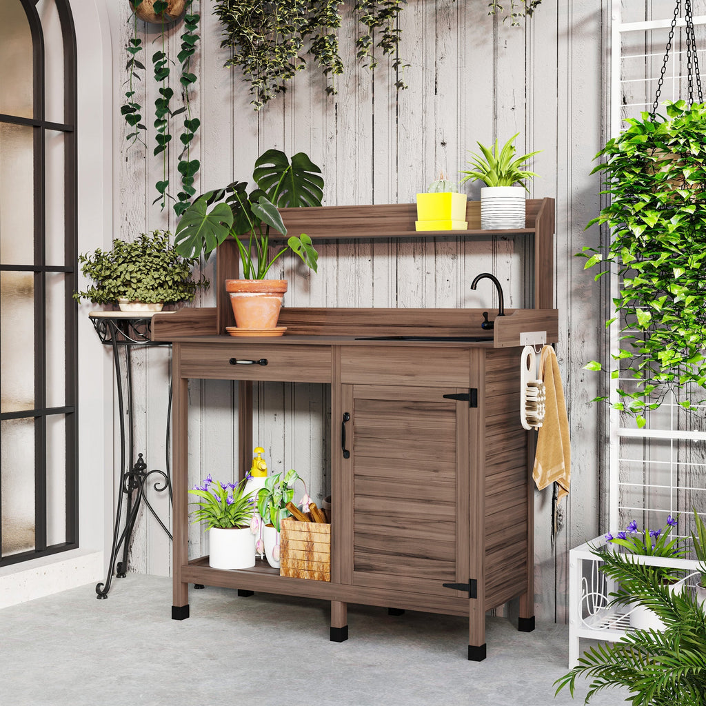 Garden Potting Table with Storage Cabinet, Removable Sink, Faucet and Drawer, Dark Brown