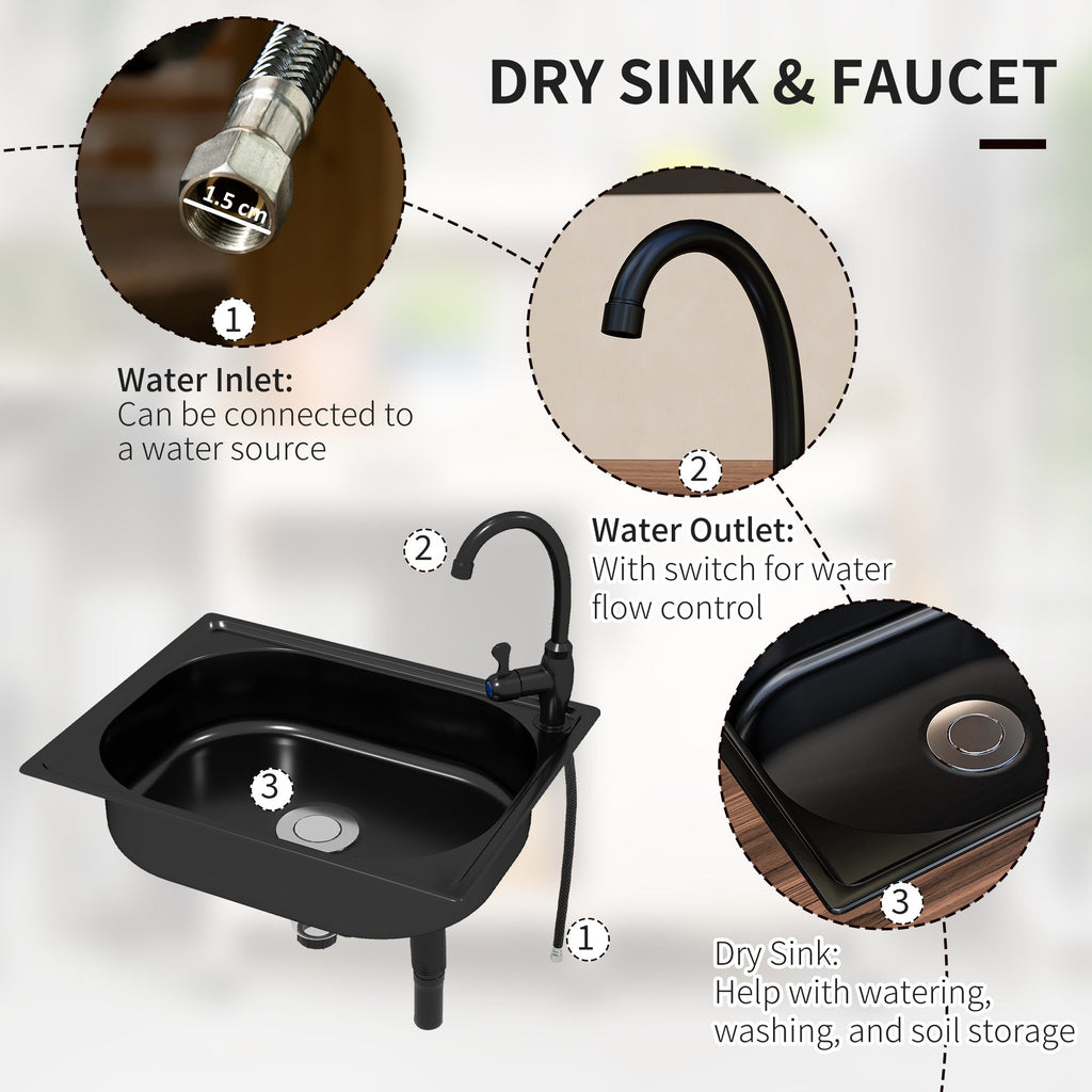 Garden Potting Table with Storage Cabinet, Removable Sink, Faucet and Drawer, Dark Brown